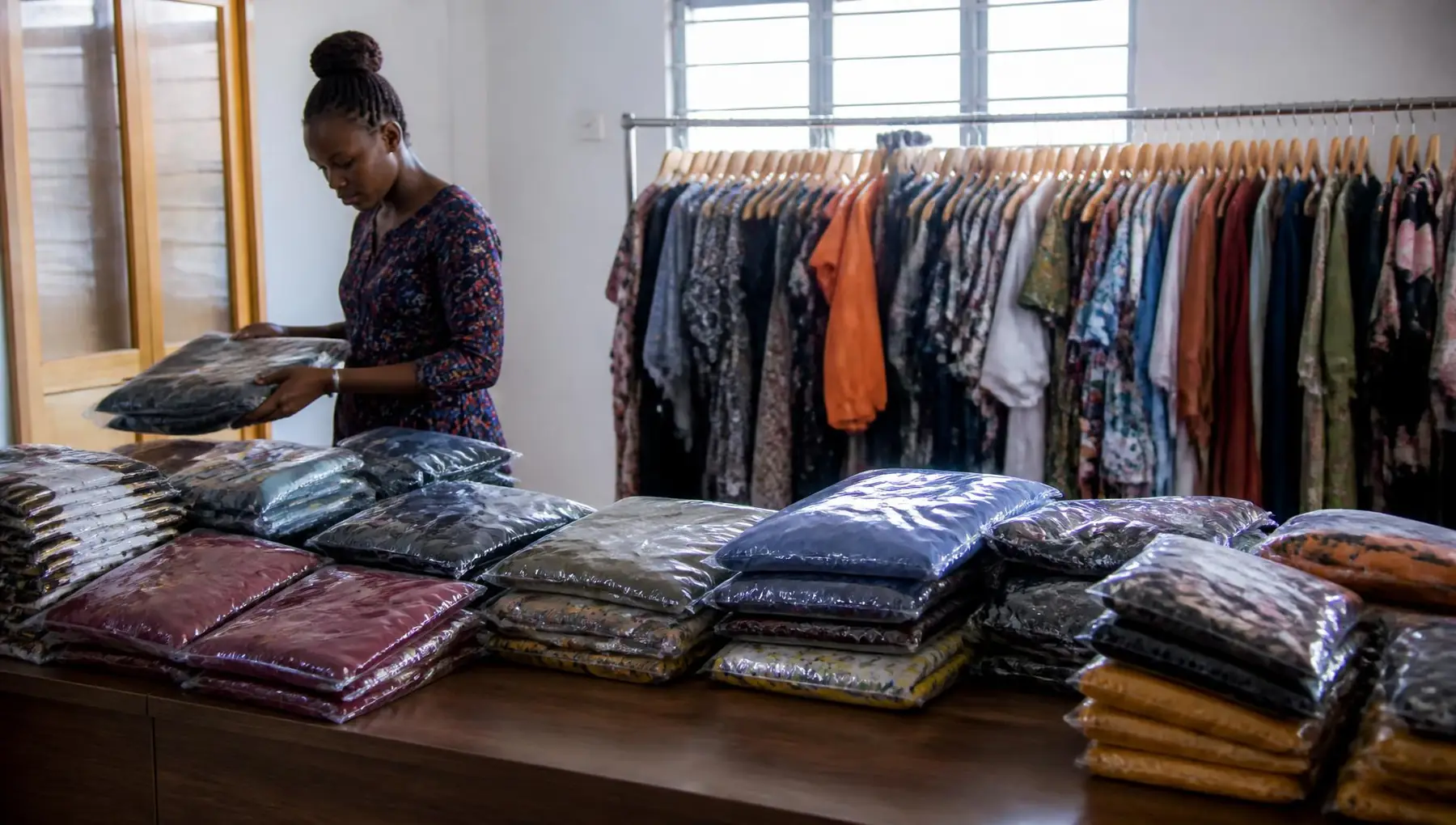 Finished ready-to-sell garments packed for wholesale resellers at the Oyertur factory